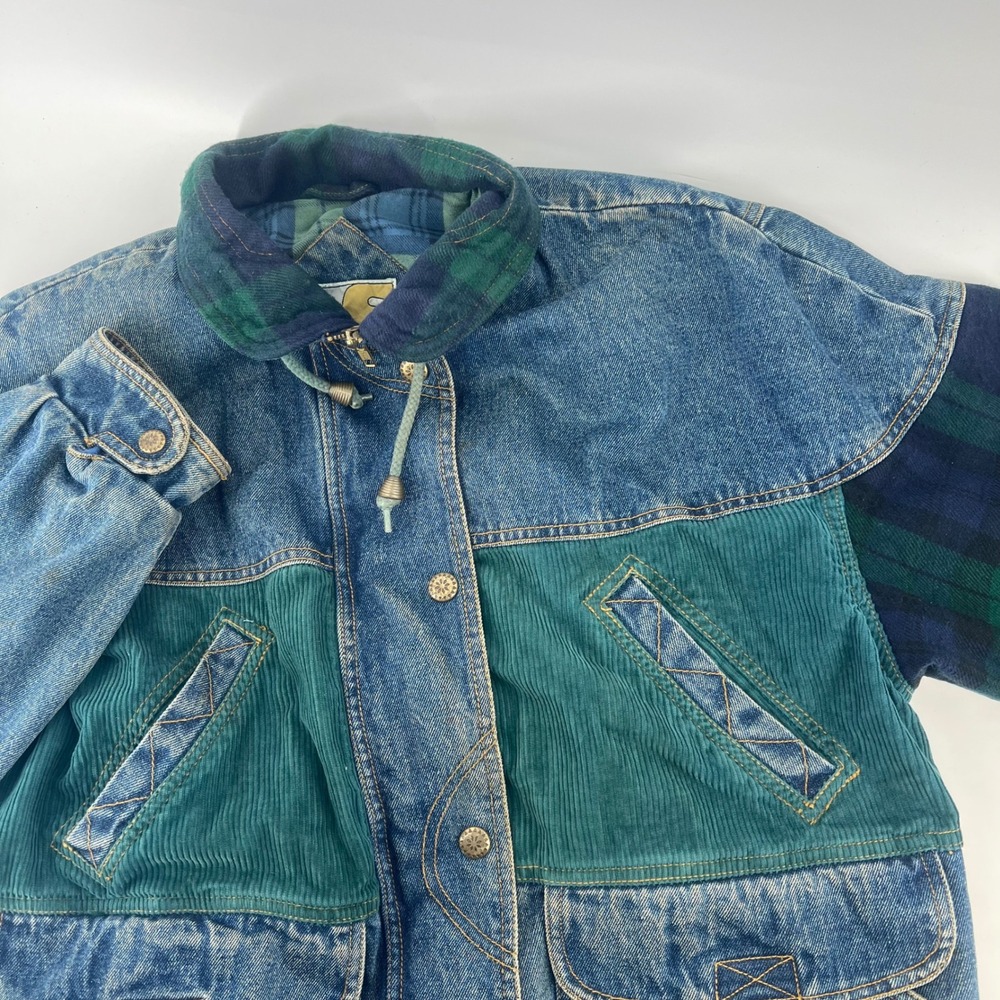 Vintage Current Seen Denim Jacket Corduroy Plaid Mixed Media Bomber Blue Green M